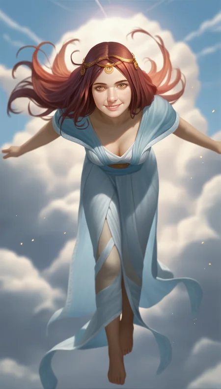 score_9,score_8_up,score_7_up,
<lora:Gwynevere:0.9>,
highres,photorealism,bloom,
dsgwynevere,
1girl,solo,tall female,
brown red hair,long hair,parted bangs,bouncing hair,
yellow eyes,looking at viewer,smile,parted lips,
gold headpiece with a central gemstone,
sheer robe,barefoot,
floating in air,drop from the clouds,drop from the skies,leaning forward,reaching out,(face focus:1.4),bottom up,perspective,
blurry background,vignetting,
outdoors,sun,cloud,sky,wind,
light particles,glowing,