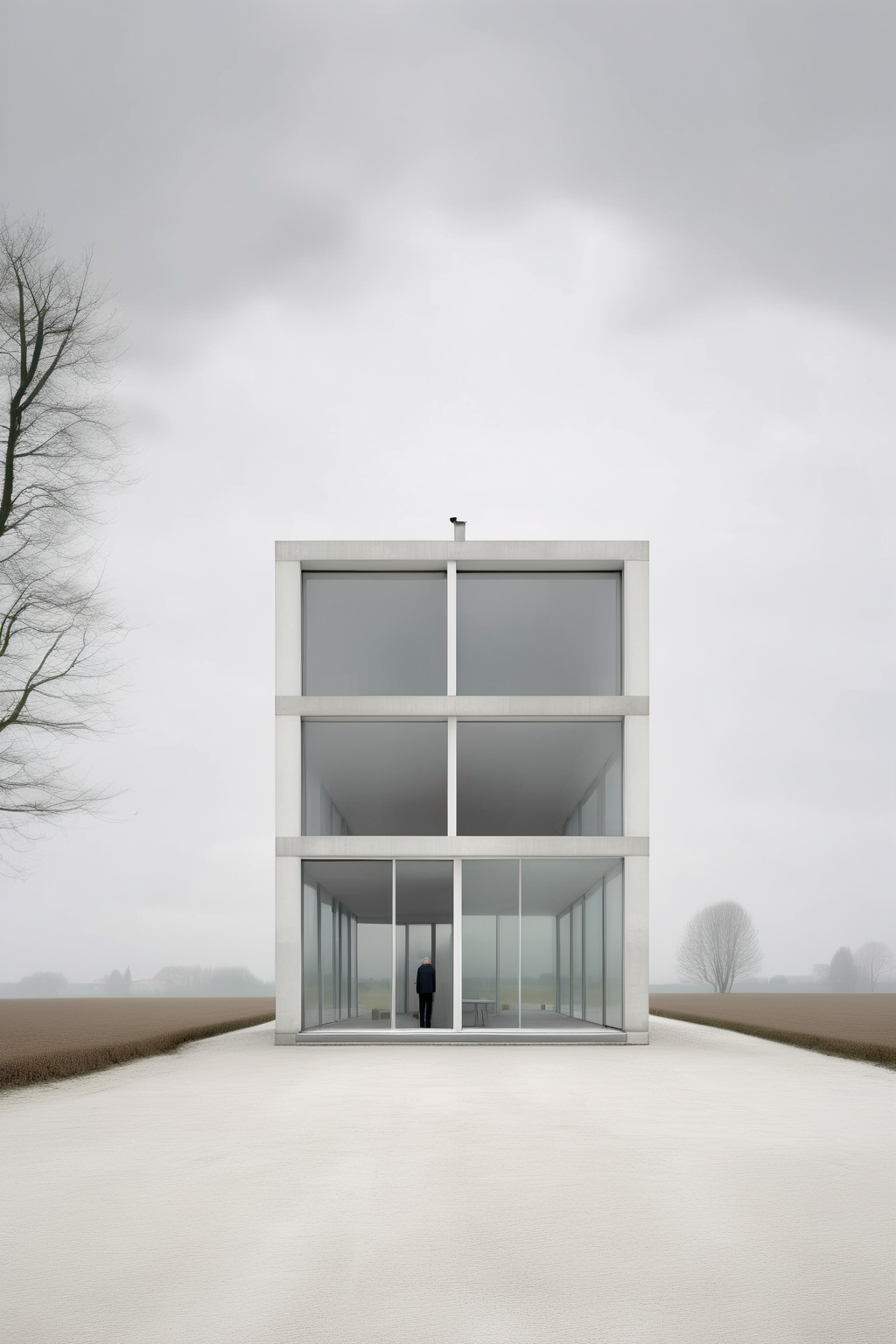 <lora:Akos Major style:1>Akos Major style - a hyperrealistic photo architecture divisare focal length 40 mm format grey sky a hyperrealistic une maison pavillon blanche francaise building in form of glass with a structure of white concrete post and white metal joinery and black joints in a field of a french landscape of architect bruther as the photographer maxime delvaux and photography of the site of archtecture divisare with concrete building