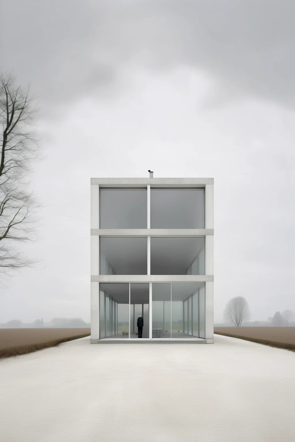 <lora:Akos Major style:1>Akos Major style - a hyperrealistic photo architecture divisare focal length 40 mm format grey sky a hyperrealistic une maison pavillon blanche francaise building in form of glass with a structure of white concrete post and white metal joinery and black joints in a field of a french landscape of architect bruther as the photographer maxime delvaux and photography of the site of archtecture divisare with concrete building