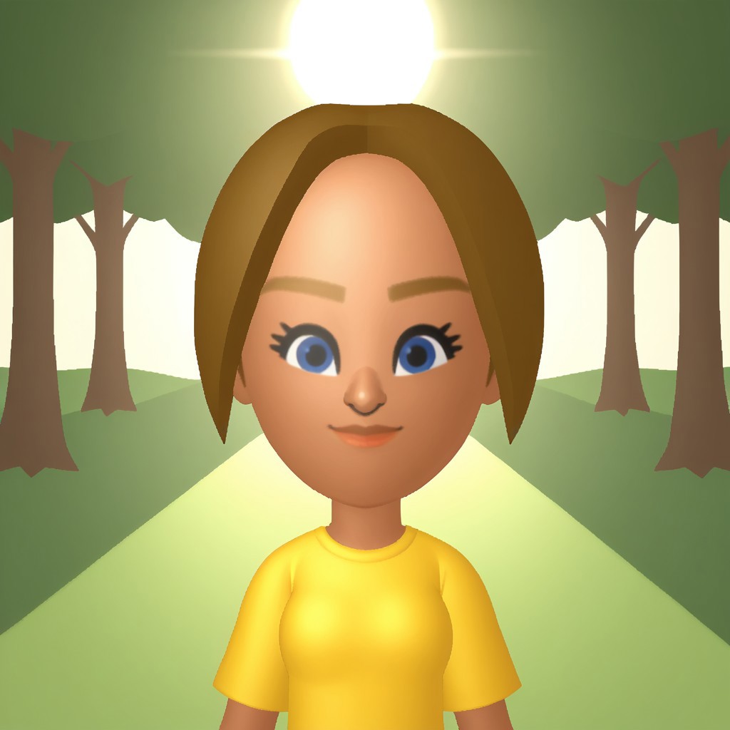 score_9, score_8, BREAK, solo, mii, wii, wii sports, 1girl, female mii, cute, dark blonde hair, ponytail, blue eyes, lips, dark skin, yellow clothing, white pants, flip flops, breasts, Mia_(Wii_Sports), Nintendo Mii, modern_mii, classic_mii, dark blonde eyebrows, sexy pose, smile, outdoors, sunlight, shadows, evening lighting, natural lighting, forest, trees, grass, orange sky, sunset