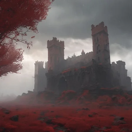 啎䥃佄䔀gigantic city ruins castle into the sky, red moss and creepers grow in the cracks. rain, mist and fog, dark forbidding sky, sunlight filters through the clouds, high definition, 4k. mist has a thin layer of blood red in it.