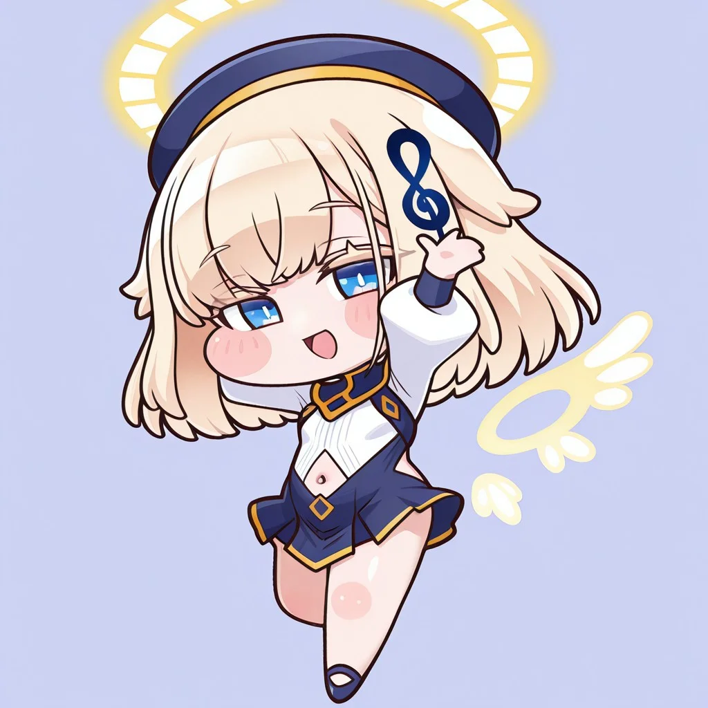 chibi, cute, full body, simple background,
short hair, blonde hair, blue eyes, brass \(bombergirl\), :d, arms up
navel cutout,dress,headwear,blue collar,white shirt,white puffy sleeves,blue skirt,halo,