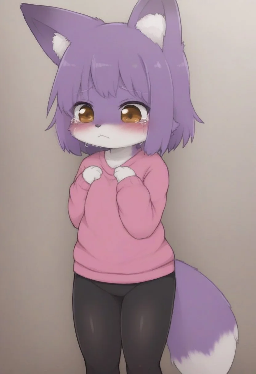 pinkfong_pkwsr, purple fur, furry, 1girl, solo, standing, pink sweater, black tights, shy expression, tears, frown, white fur, two tone fur, child, young, fox ears, fox tail, dagasistyle