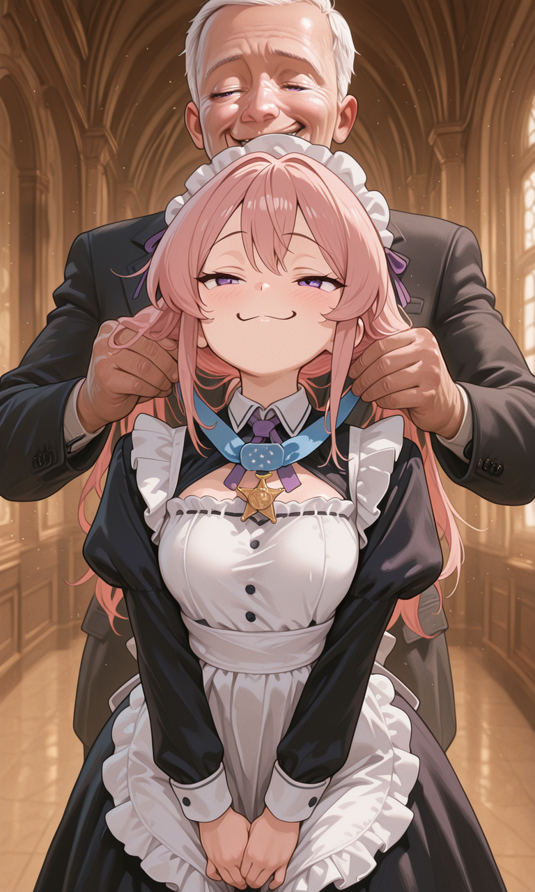 embedding:IllusP0s, holding medal of honor from behind, 1girl, smug, pink hair, purple eyes, maid outfit,1boy, suit,<lora:CivChan.safetensors:0.7:0.7> <lora:holding medal of honor from behind_illustrious.safetensors:1.0:1.0>