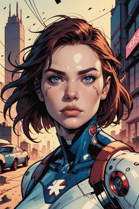 solo, science fiction, realistic, cyberpunk, 1girl, blue eyes, mechanical parts, android, cable, portrait, lips, blurry background, city, parted lips, blurry, cyborg, building, damaged, a_Comic_Illustration, rough lines with ink, (drawn:1.1), (sketch:1.5), (crosshatching:1.25), (comic style:1.1), graphic novel style, sharp lines, hires, zstyle, (western comics \(style\):1.1), (hatching \(texture\):1.2), zPDXL, Mr_Monster_Possitive, <lora:Expressive_H:0.5>, score_9, score_8_up, score_8_up,