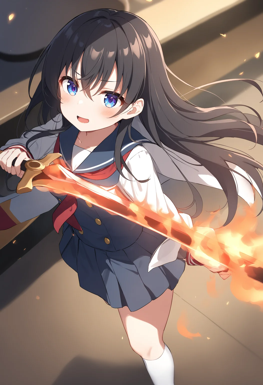 1girl,sincos, ningen mame, toosaka asagi,solo,medium breasts,school uniform,
flaming sword, holding sword, holding weapon,<lora:flamingsword_XL_v1:0.7>
fire, flaming weapon, glowing weapon, glowing sword, flame,
from above, cinematic angle, looking ahead, black hair, purple eyes,seductive smile, hotel reception, open mouth, tired hair,,
best quality, very aesthetic, absurdres