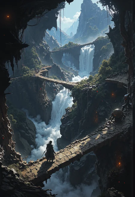A hyper-realistic side-scroller scene inspired by classic Mario platformers, but with a dark, cinematic twist. At the center of the frame stands the hero, a rugged figure gripping a glowing sword, its ethereal light casting subtle reflections on the detailed textures of his weathered armor. The level stretches horizontally, with floating stone platforms, cascading waterfalls, and broken wooden bridges suspended over an ominous abyss. Scattered across the scene are shadowy creatures with glowing, piercing eyes, lurking on platforms or hanging from vines, their forms barely visible in the dim light. The background features a richly detailed environment: towering cliffs draped in mist, gnarled trees clawing at the sky. The atmosphere is haunting yet vibrant, with intricate lighting effects emphasizing the depth of the scene, from the soft shimmer of moss-covered rocks to the reflective surface of distant pools. Volumetric fog and scattered particle effects give a sense of realism and immersion, blending the fantastical and the terrifying in this side-scrolling adventure. <lora:- Flux1 - vanta_black_V1.0.safetensors:0.75>, <lora:ancient.safetensors:0.05>, <lora:flux.1_lora_flyway_Epic-Characters_v1.safetensors:0.3>, <lora:Elden_Ring_-_Yoshitaka_Amano.safetensors:0.9>, <lora:black_fantasy.safetensors:0.5>, <lora:boFLUX digital-abyss.safetensors:0.5>, <lora:boFLUX AbstractMorph.safetensors:0.85>, <lora:zhongfenghuaStyle_FLUX_ Lora.safetensors:0.5>,