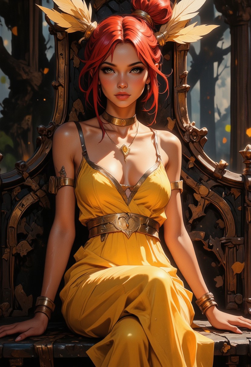 A stunning portrait of a regal and ethereal woman seated gracefully on an intricately decorated bench in a mystical forest setting. Her vibrant red hair is elegantly styled in a loose updo, adorned with a golden, feather-like crown that radiates outward, exuding an aura of majesty and nature-inspired beauty. Her piercing gaze at the viewer is soft yet commanding, and her makeup features subtle tones that enhance her natural elegance, with a focus on her delicately painted eyes and glossy lips with a gentle smile. She wears a flowing, vibrant yellow gown that hugs her figure, made of a shimmering, silk-like fabric with subtle folds and natural drapery. The dress features thin, golden straps that complement her warm complexion. Her shoulders are adorned with ornate golden pauldrons embellished with fine feathered details, blending elements of fantasy and royalty. Around her neck is a delicate gold choker with a small, glowing gemstone at its center, further emphasizing her regal status. The background is a dark, enchanted forest with soft light filtering through the trees, creating a mystical atmosphere. Shadows and highlights interplay on her dress and skin, enhancing the realism of the scene while maintaining an otherworldly glow. The bench she sits on is black with intricate golden carvings of floral patterns, adding to the elegance and refinement of the composition.