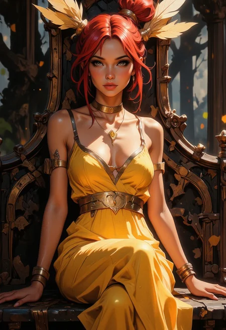 A stunning portrait of a regal and ethereal woman seated gracefully on an intricately decorated bench in a mystical forest setting. Her vibrant red hair is elegantly styled in a loose updo, adorned with a golden, feather-like crown that radiates outward, exuding an aura of majesty and nature-inspired beauty. Her piercing gaze at the viewer is soft yet commanding, and her makeup features subtle tones that enhance her natural elegance, with a focus on her delicately painted eyes and glossy lips with a gentle smile. She wears a flowing, vibrant yellow gown that hugs her figure, made of a shimmering, silk-like fabric with subtle folds and natural drapery. The dress features thin, golden straps that complement her warm complexion. Her shoulders are adorned with ornate golden pauldrons embellished with fine feathered details, blending elements of fantasy and royalty. Around her neck is a delicate gold choker with a small, glowing gemstone at its center, further emphasizing her regal status. The background is a dark, enchanted forest with soft light filtering through the trees, creating a mystical atmosphere. Shadows and highlights interplay on her dress and skin, enhancing the realism of the scene while maintaining an otherworldly glow. The bench she sits on is black with intricate golden carvings of floral patterns, adding to the elegance and refinement of the composition.