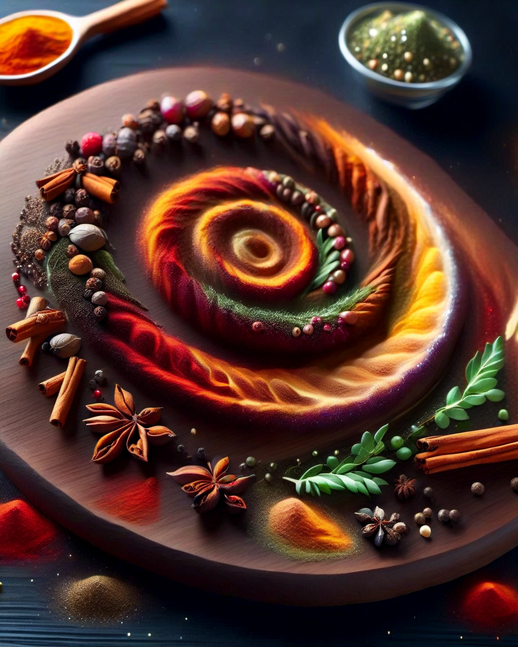 Herbs_Morf, a spiral galaxy made of herbs cinnamon spices seeds, on top of a table, realistic, 4k, masterpiece
