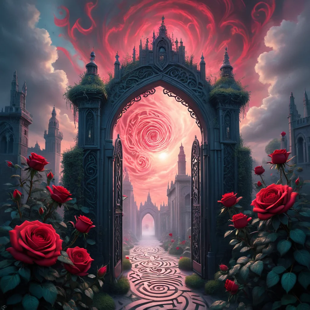 Photo realistic tattoo art style depicting the intricate gate of a rose-themed Gothic labyrinth,
maze walls enveloped in a scene of elaborate black and red roses
volumetric clouds hovering overhead,
an aura of mystery enveloping the entire composition,
ultra fine,
highly detailed <lora:aidma-Image Upgrader-v0.1:0.8> max details <lora:Psych-Futurism:1>,pfstyle
