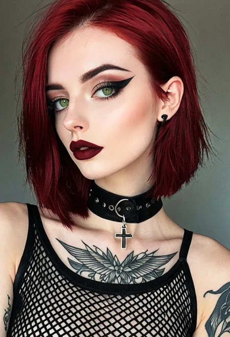 <lora:goth_girl:1> 1girl, 20 year old, perfect face, short Red Velvet color hair, perfect nose, green eyes, septum ring, Red Velvet lipstick, black eyeshadow, black choker with metal cross hanging from it, detailed tattoos on arms, perfect lips, fishnet lingerie
solo focus, standing, full body shot