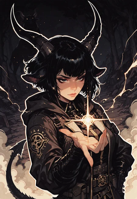 score_9, score_8_up, score_7_up, masterpiece, best quality, very aesthetic, detailed face, (dynamic:1.1), incoth, (incase:0.6), thick lines, outline, illustration, 1girl, demonic goat girl, black hair, slanted bob, black, dark, casting spell, arcane, horny, spaded tail, horns, upper body, angle, clean, animal ears,