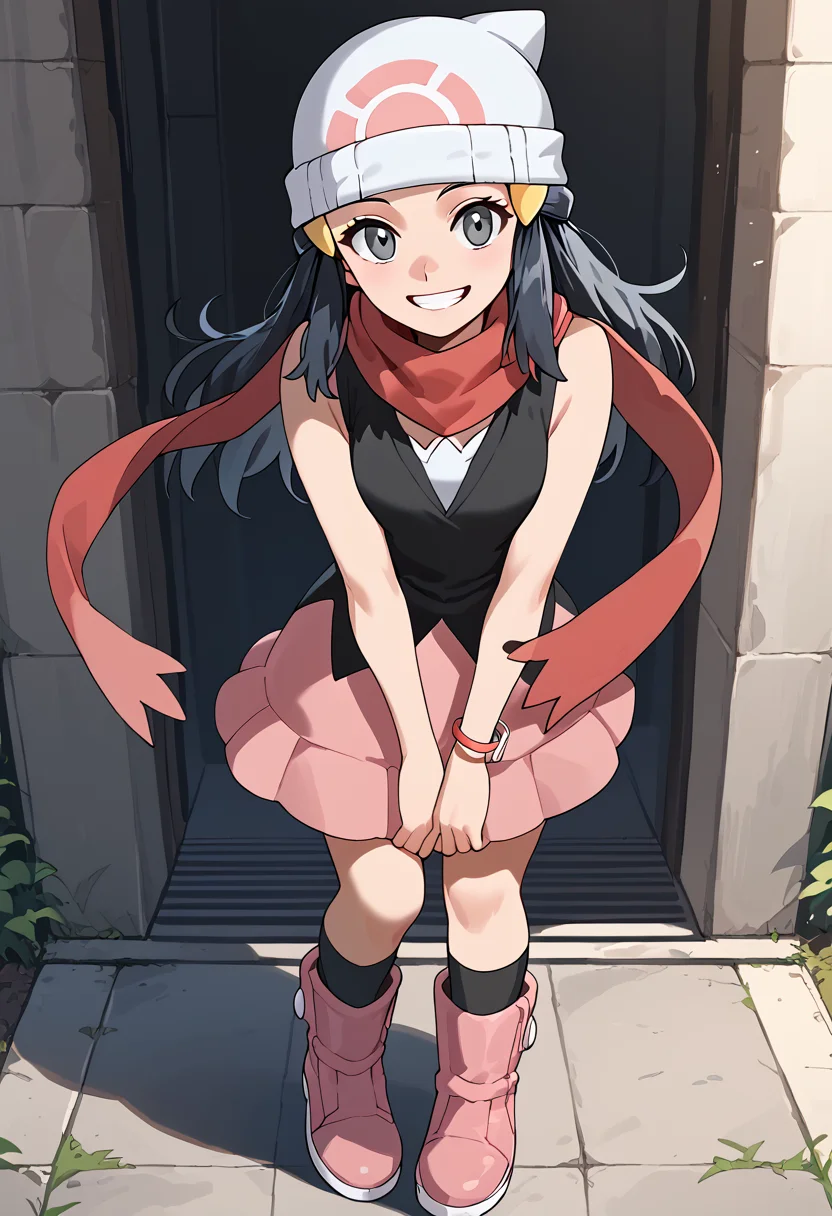 Standing with arms hanging loosely, smile, teeth, <lora:DawnPony-10:1>Dawn_Def, long hair, black hair, hair ornament, grey eyes, beanie, white headwear, shirt, black shirt, sleeveless shirt, bracelet, scarf, red scarf, skirt, pink skirt, socks, black socks, boots, pink footwear,, score_9, score_8_up, score_7_up, score_6_up, score_5_up, score_4_up,