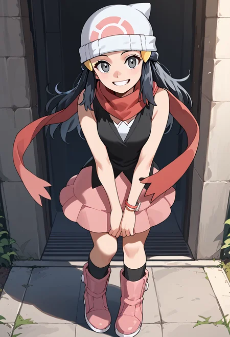 Standing with arms hanging loosely, smile, teeth, <lora:DawnPony-10:1>Dawn_Def, long hair, black hair, hair ornament, grey eyes, beanie, white headwear, shirt, black shirt, sleeveless shirt, bracelet, scarf, red scarf, skirt, pink skirt, socks, black socks, boots, pink footwear,, score_9, score_8_up, score_7_up, score_6_up, score_5_up, score_4_up,