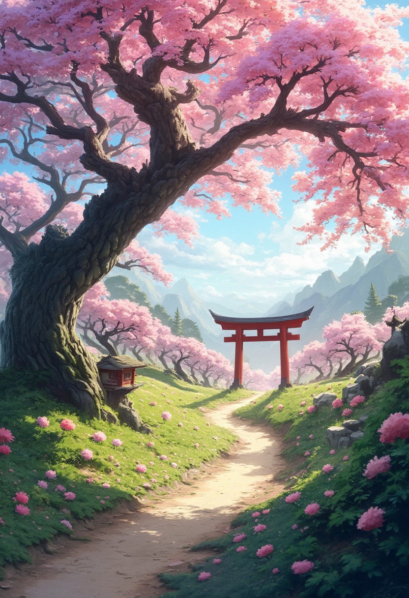 ( Calm spring morning landscape), beautiful view, An old weeping cherry tree, Sakura Fubuki, A carpet of cherry blossom petals, early morning, sunrise sky, beautiful clouds, dappled sunlight, 
The old shrine and red torii gates create a special atmosphere. 
A wonderful waka-like landscape, 
I can see the mountains in the distance, 
depth of field, masterpiece, best quality, ultra-detailed, very aesthetic, illustration, perfect composition, intricate details, absurdres, moody lighting, wisps of light, no humans,