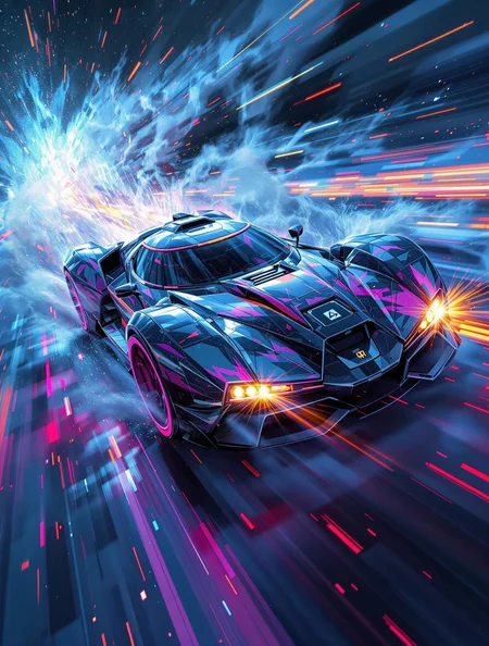 A comet-speed futuristic car in hyperspace, the hull covered in stormy brush art and trailed by multicolored pixel sparks