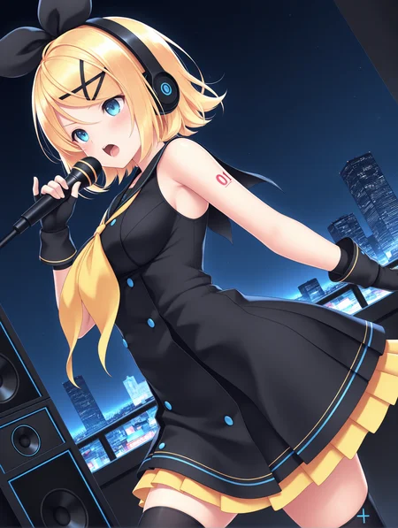 masterpiece,best quality,newest,
1girl,solo,
medium breasts,<lora:s_k_rim_ilxl_v1.0:1>,h_b,hair bow,h_p,headphones,rin,x hair ornament,blonde hair,blue eyes,short hair,r_clothes,sblack sailor collar,yellow neckerchief,sleeveless dress,black short dress,fingerless gloves,black_thighhighs,
cityscape,avenue,night,knee_up,singing,dancing,motion_blur,light_blush,dynamic_angle,cinematic_angle,speaker,outdoor live,microphone,holding_microphone,serious,cowboy_shot,from_side,mid_shot,
