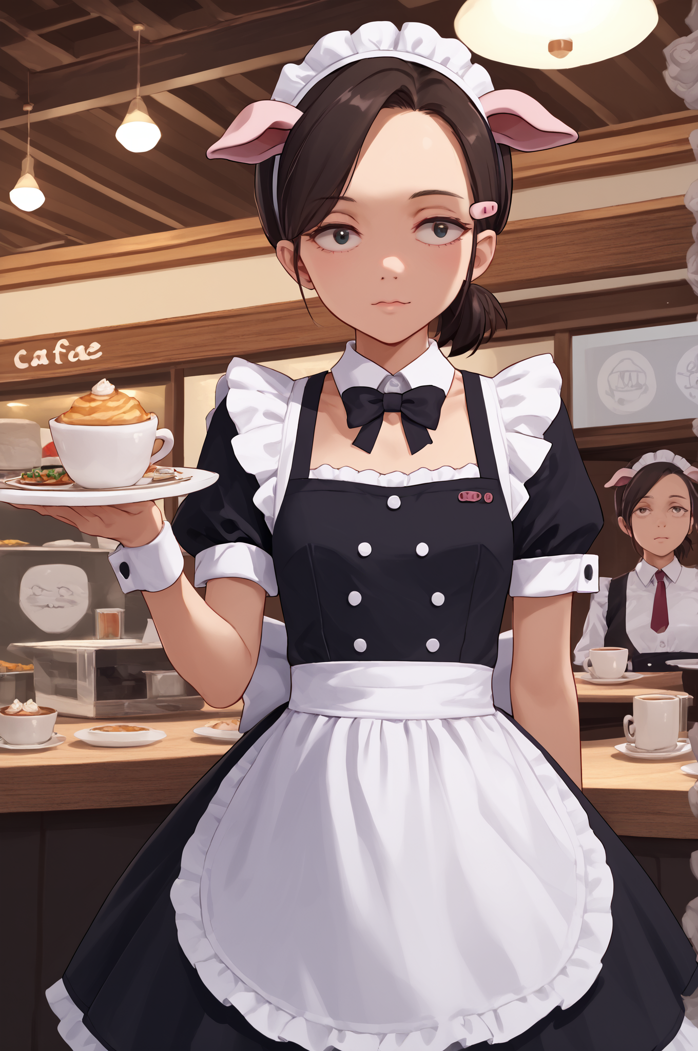 score_9, score_8_up, score_7_up, score_6_up, score_5_up, score_4_up, (high quality, detailed, beautiful)  <lora:Manager_epoch_8:0.99> yasuko_yaegashi, small_breasts, maid, cafe, fake_animal_ears, pig_ears,