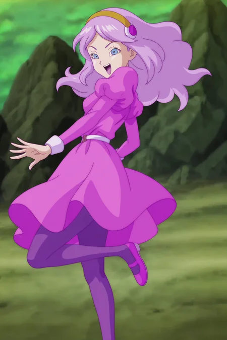 source_anime, score_9, score_8_up, score_7_up, anime screencap,
brianne, mid transformation, 1girl, solo, long hair, open mouth, blue eyes, dress, hairband, purple hair, mary janes, white belt, purple pantyhose, green sky, eyebrows, eyelashes, floating hair, long sleeves, looking at viewer, juliet sleeves, mountain, outstretched_hand, outstretched arm, purple dress, purple footwear, puffy sleeves, sleeve_cuffs, from side, knee up, wind lift, standing on one leg, small breasts, v-shaped eyebrows, yellow hairband, rock, hair ornament, smug, tongue, pointy nose, pantyshot, 
<lora:brianne_pony_v1:0.8>