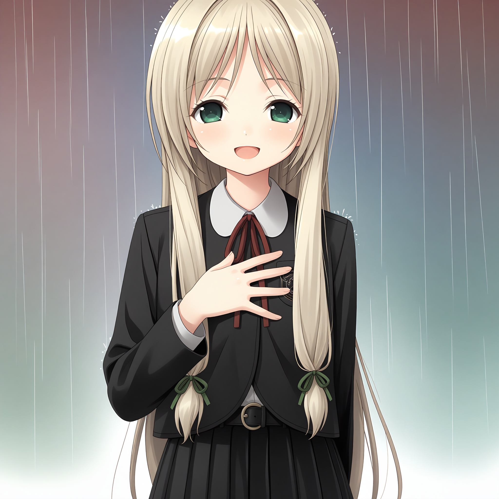 <lora:Falsita_Fawcett_1_nai-000046:1>,Falsita Fawcett,long sidelocks,hair ribbon,green ribbon,
school uniform,long sleeves,red ribbon,black skirt,black jacket,white shirt,collared shirt,neck ribbon,pleated skirt,black belt,belt buckle,long skirt,
1girl,solo,singing,rain,smile,simple background,multicolored background,hand on own chest,looking at viewer,