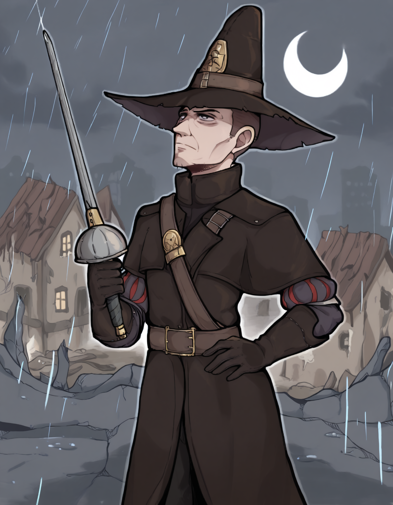 masterpiece, best quality, 8k UHD, source_anime, cowboy shot, solo, Dark theme, shadow, outside, saltzVM, <lora:SaltzVM.01-000020:1>, 1man, long coat, witch hat, holding a rapier, looking up, rain, night, moon, BREAK detailed face, ruins, ruined village,  <lora:Jay_Marveloroboro_Shaded_ANIME_Style:1> shaded_anime