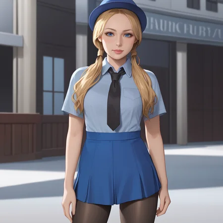 <lora:katherinewarrenre2r_pony_v1:.8>  KatherineWarren, 1girl, solo, blonde hair,twintails, long hair, blue eyes, nail polish, jewelry, cowboy shot, <lora:0820 tokisaki kurumi policewoman fan costume_v1_pony:1> ruanyi0820,black necktie,blue hat,blue shirt,blue skirt,black pantyhose,short sleeves,skirt