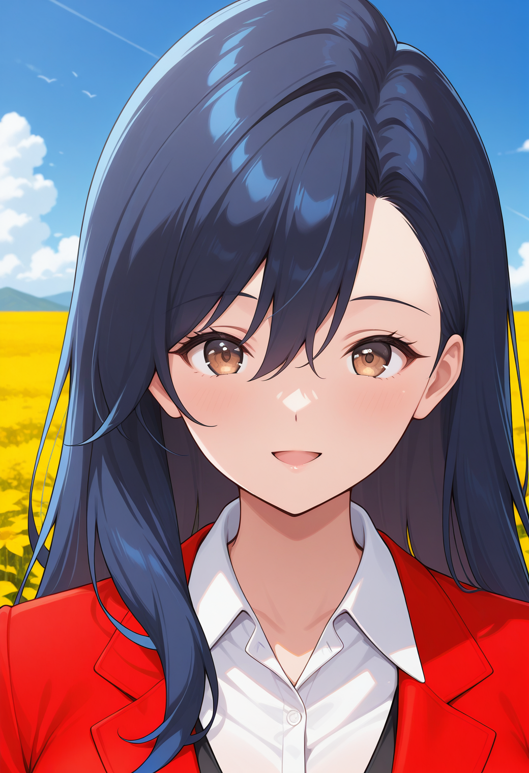 ooaya_mari, brown eyes, blue hair, long hair, hair between eyes, red jacket, jacket, office lady, black skirt, <lora:ooaya_mari_illustrious_ver1:0.8> 
smile, 1girl, solo, (field:1.2), (blue sky:1.2), looking at viewer,, masterpiece, best quality, general,, (upper body:1.2), (close-up:1.2), (facing viewer:1.2), (open eyes:1.4), (portrait:1.2)