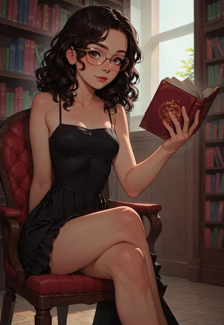 score_9_up, score_8_up, score_7_up, score_6_up, 1girl, 25 years old, perfect face, cute, petite, 
brown eyes,
black hair, medium hair, curly hair, wavy hair,  sidelocks, 
glasses, 
black dress, sleeveless dress, cocktail dress, 
holding book, 
sitting, crossed legs, chair, legs, 
library, 
