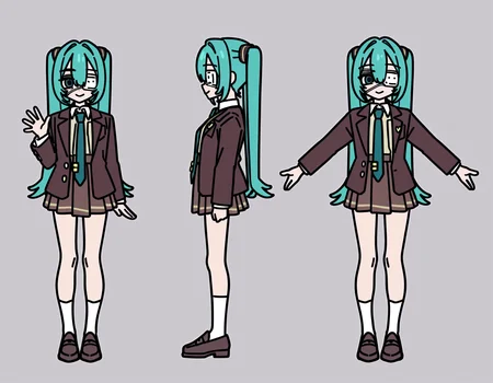 1girl, hatsune miku, hmmonitoring, very long hair, twintails, bangs, hair between eyes, medical eyepatch, school uniform, collared shirt, necktie, jacket, open jacket, long sleeves, pleated skirt, loafers, socks,
dark grey simple background, (reference sheet, multiple views:1.1), hand up, waving arm, smile, looking at viewer,
rating safe, caststation animation,
masterpiece, best quality, amazing quality, highres, newest, <lora:caststation_animation:1.0> <lora:mikumonitoring-000009:1.0>
