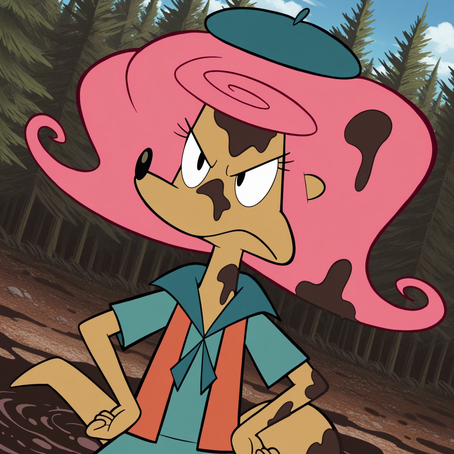 8k, uncensored, masterpiece, best quality, highly detailed, cartoon, 1girl, solo, PatsyCL, furry, anthro, mongoose, pink hair, black nose, black eyes, tan skin, medium tail, dark-blue beret, blue topwear, scout outfit, (forest, sky, front view, detailed background, flat chested, (afternoon), upper body, orange vest, (dutch angle), closed mouth, muddy, mudpool, standing, hands on own hips, angry, 4 fingers 