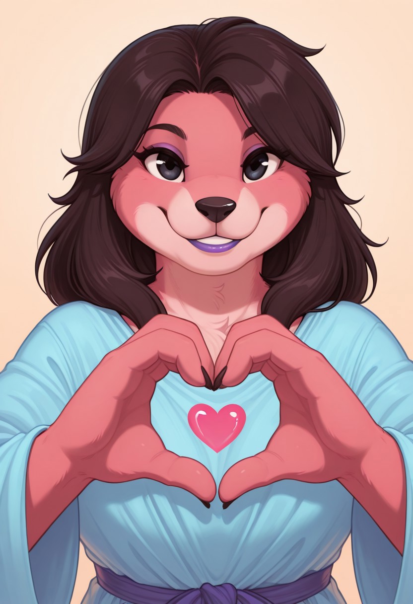 zonkpunchILL, 1girl, solo, medium build, medium hair, sfw, safe for work, covered skin, flowy dress,  black eyes, purple lipgloss, smiling, portrait, upper body, heart hands, foreshortening, detailed, newest, furry female, furry, anthro