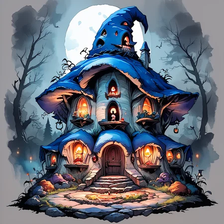 Score_9, score_8_up, score_7_up, score_6_up, <lora:WatercolorPony2_r1:1> ArsMJStyle, watercolor witch's cottage, shadowy, voodoo dolls, vampire bat,witch's hat lights, haunted landscape , ( soft colors)