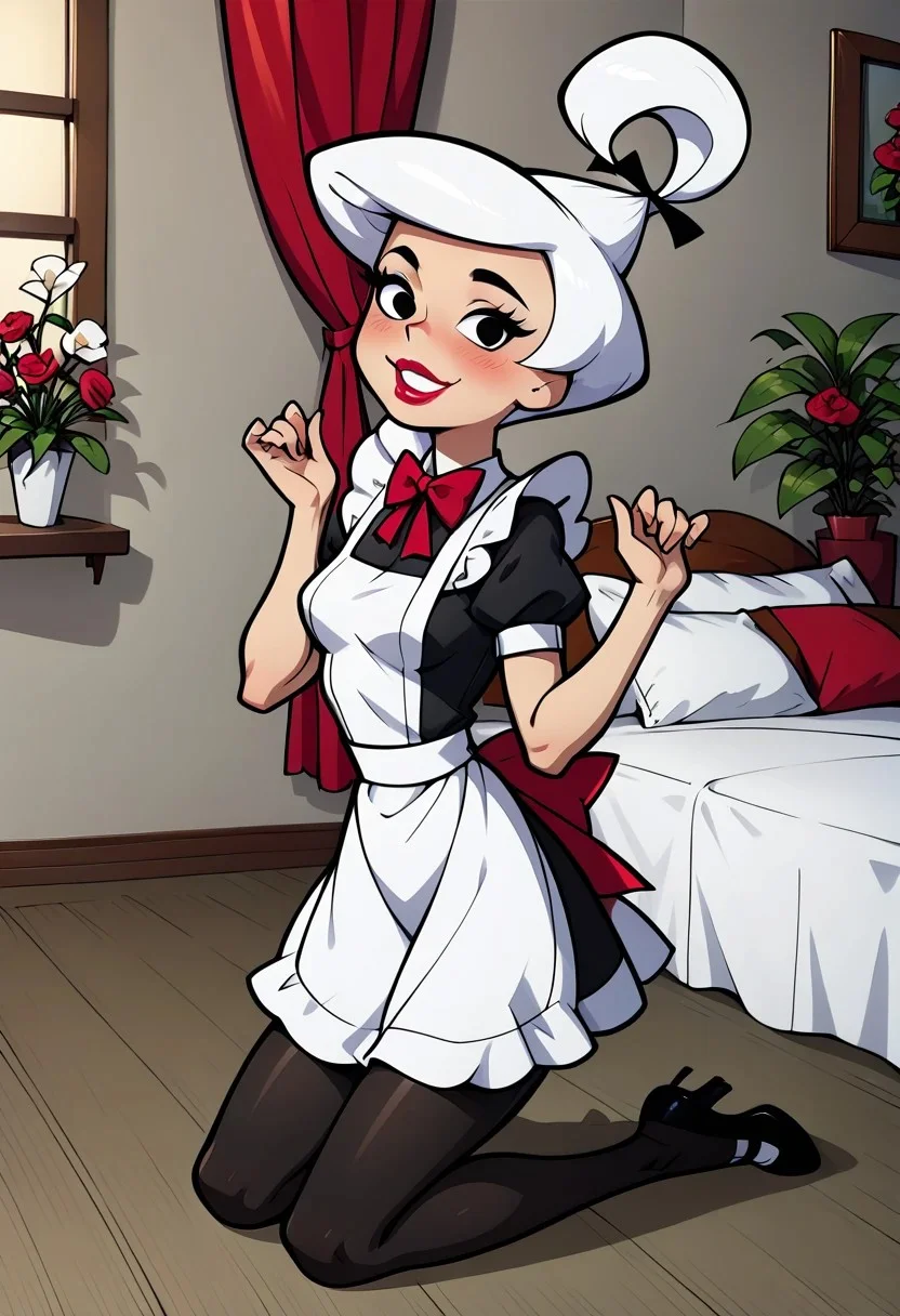 score_9, score_8_up, score_7_up, score_6_up,
judyjetson, Judy Jetson, Judy Jetson \(The Jetsons\), 1girl, solo, breasts, looking at viewer, blush, smile, short hair, dress, bow, ribbon, full body, hair ribbon, flower, white hair, short sleeves, pantyhose, small breasts, frills, parted lips, shoes, teeth, alternate costume, puffy sleeves, indoors, black footwear, black eyes, apron, black dress, red bow, high heels, red ribbon, puffy short sleeves, lips, black pantyhose, maid, hands up, window, kneeling, neck ribbon, makeup, on bed, plant, lipstick, curtains, white apron, mary janes, maid apron, enmaided, red lips, potted plant