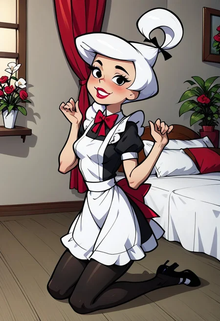 score_9, score_8_up, score_7_up, score_6_up,
judyjetson, Judy Jetson, Judy Jetson \(The Jetsons\), 1girl, solo, breasts, looking at viewer, blush, smile, short hair, dress, bow, ribbon, full body, hair ribbon, flower, white hair, short sleeves, pantyhose, small breasts, frills, parted lips, shoes, teeth, alternate costume, puffy sleeves, indoors, black footwear, black eyes, apron, black dress, red bow, high heels, red ribbon, puffy short sleeves, lips, black pantyhose, maid, hands up, window, kneeling, neck ribbon, makeup, on bed, plant, lipstick, curtains, white apron, mary janes, maid apron, enmaided, red lips, potted plant