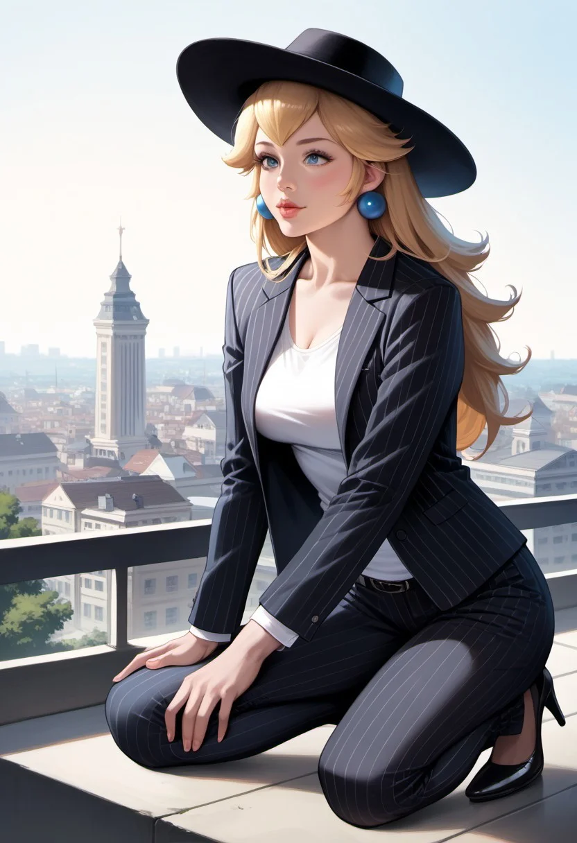 score_9, score_8_up, score_7_up, score_6_up, score_5_up, score_4_up, high quality, (photorealistic), (Extremely detailed), 1.5, <Lora:add-detail-xl:1.5>, princess peach, blonde hair, blue eyes, long hair, black fedora hat, white tank top, black pinstripe suit pants, black mule heels, Marco, Giantess, giga size, gigantic, city, sitting, ((kneeling down)), looking down, ((hand on leg)), ((arm on knee))