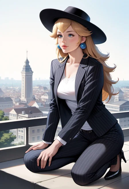 score_9, score_8_up, score_7_up, score_6_up, score_5_up, score_4_up, high quality, (photorealistic), (Extremely detailed), 1.5, <Lora:add-detail-xl:1.5>, princess peach, blonde hair, blue eyes, long hair, black fedora hat, white tank top, black pinstripe suit pants, black mule heels, Marco, Giantess, giga size, gigantic, city, sitting, ((kneeling down)), looking down, ((hand on leg)), ((arm on knee))