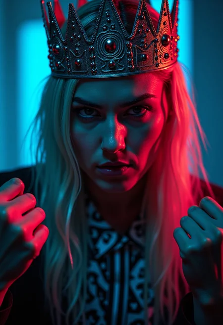 Wearing a grudge like a crown of negativity, this image depicts a figure consumed by bitterness and a desire for control. The subject appears determined, perhaps even ruthless, in their pursuit of power. The synthwave-inspired cinematic artwork captures the intensity of their emotions with vivid colors and striking contrasts. Details such as clenched fists and a stern expression convey a sense of unwavering resolve. This compelling portrait exudes a sense of defiance and strength, drawing viewers into the complex emotions of the character.