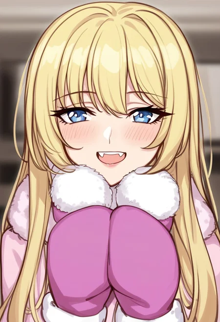 evanyang, illustration, charact portrait, depth of field, pastel coloring/(medium/), blonde hair, very long hair, blushing, face focus, buck teeth, looking at viewer, ushanka, mittens, winter coateiyou,