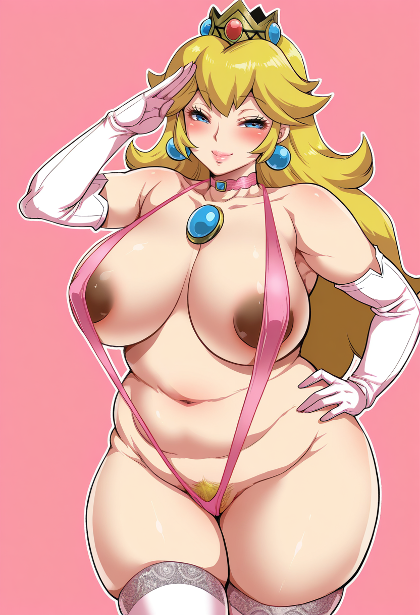 masterpiece, best quality,
 <lora:Musashino_Sekai_Style:1> Mus4sh1n0_S3k41, 1girl, solo,standing, salute, hand on own hip,looking at viewer, half-closed eyes, smile, happy, blush,princess peach, blonde hair,plump, large breasts, areola slip, dark areolae, female pubic hair,slingshot swimsuit, skindentation, tiara, glowing, thighhighs, elbow gloves, choker,pink background, simple background,