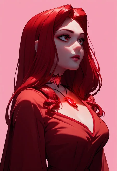 score_9, score_8_up, score_7_up, score_6_up, 1girl, curvy, <lora:1ly4XLP:1> 1ly4, pink background, ((face focus:0.9)), ((upper body focus:0.9)), ((full body:0.9)), fireside, by a camp fire, RedPriestessandre, red hair, crimson velvet dress, embroidered dress, red eyes, <lora:RedPriestess-000008:1>, glowing red jewel choker, red robe, very long hair