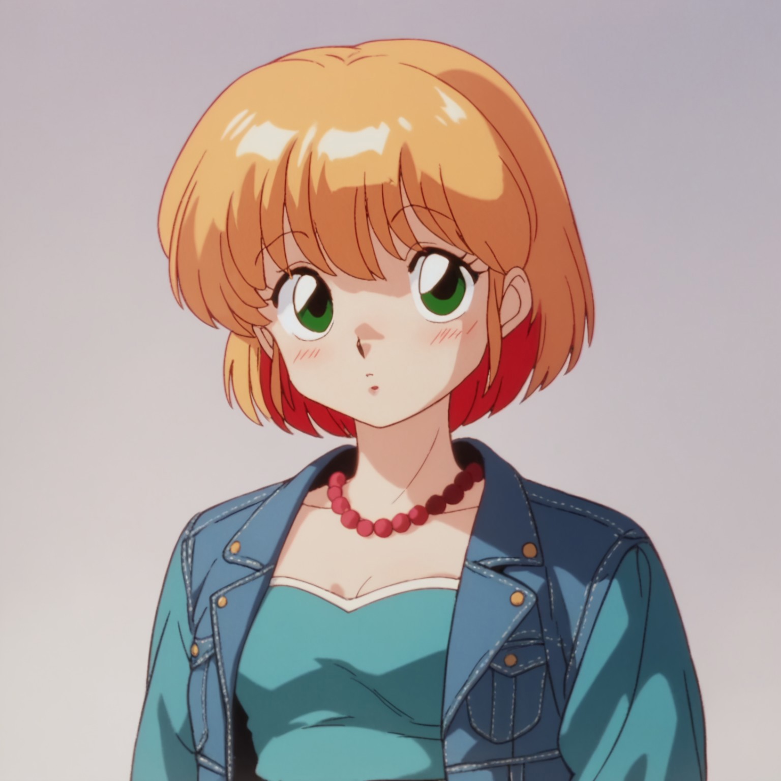 safe_pos, score_9, score_8_up, score_7_up, score_6_up, score_5_up, source_anime, smooth_anime, 1girl, solo, middle-age woman, golden_hair, green_eyes, looking_at_viewer, older, portrait, looking_at_viewer, daytime_dress, daytime_attire, silver_bead_necklace, denim_jacket, small_breasts, studio, simple_light, background, medium-length_hair, little_blushes, cute