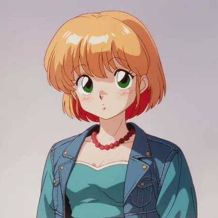 safe_pos, score_9, score_8_up, score_7_up, score_6_up, score_5_up, source_anime, smooth_anime, 1girl, solo, middle-age woman, golden_hair, green_eyes, looking_at_viewer, older, portrait, looking_at_viewer, daytime_dress, daytime_attire, silver_bead_necklace, denim_jacket, small_breasts, studio, simple_light, background, medium-length_hair, little_blushes, cute