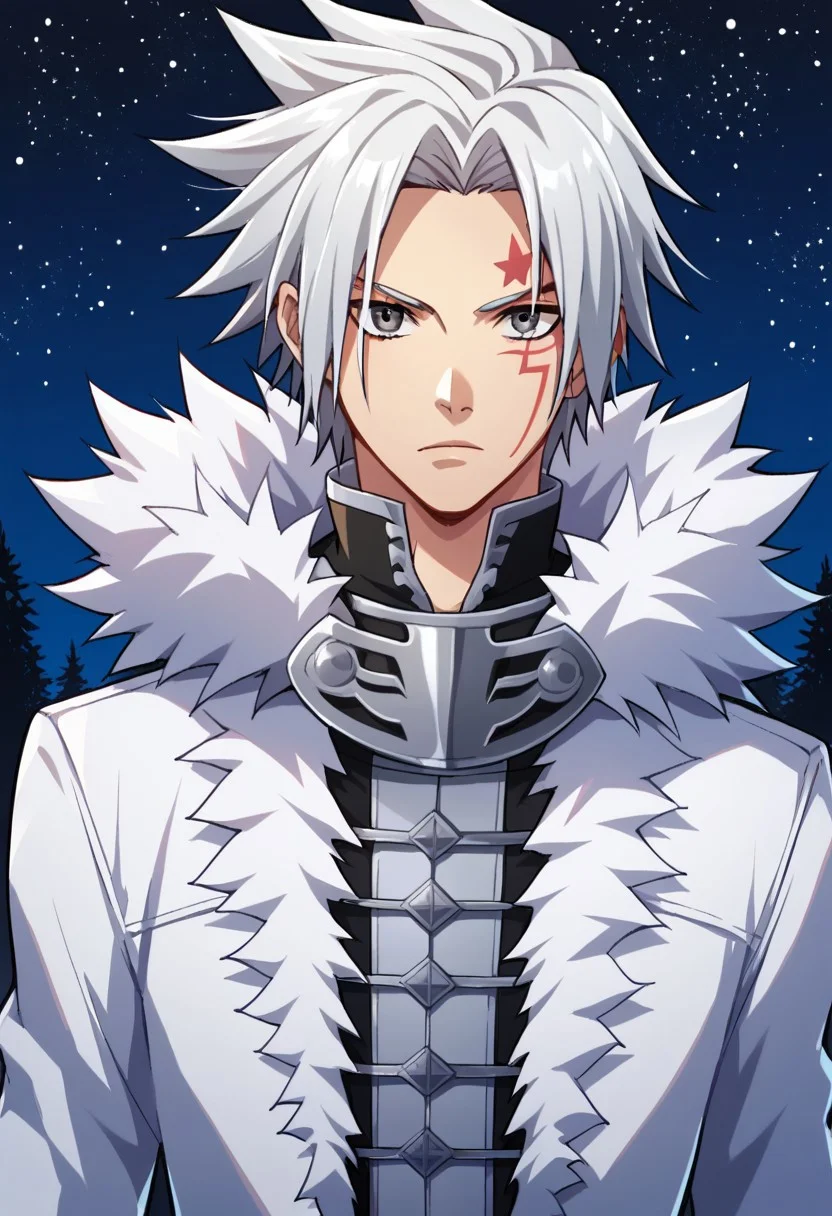 score_9, score_8_up, score_7_up, source_anime, highly detailed,
allenwalker, solo, 1boy, male focus, grey eyes, white hair, spiked hair, fur trim, crown clown uniform, mask, mask around neck, upper body, slender, skinny, serious, facial mark, claw,
outdoor, darkness, trees, stars, night,