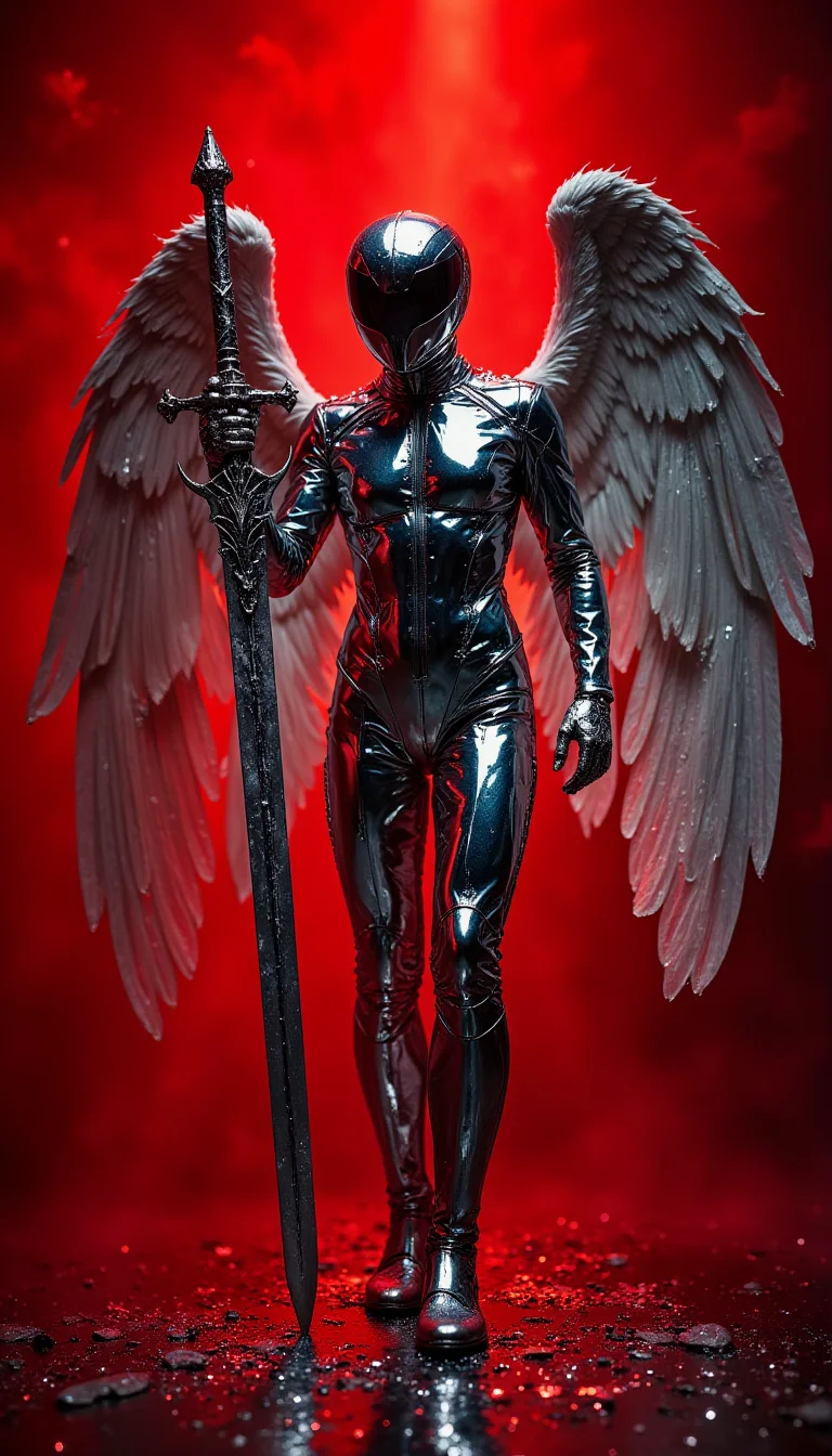 secretlab, hyper realistic high definition photography image of a angel we aring a chrome suit, the suit looks futuristic lights up and studd ed with silver crystals ,shining silver wings, long silver glistenin g gothic looking sword stuck in the ground " in striking style, ta il and thin , longleg, immersed in some kind of fantasy, red background, very low light, each detail in high definition ,full bo dy shot, upward view ，uhd