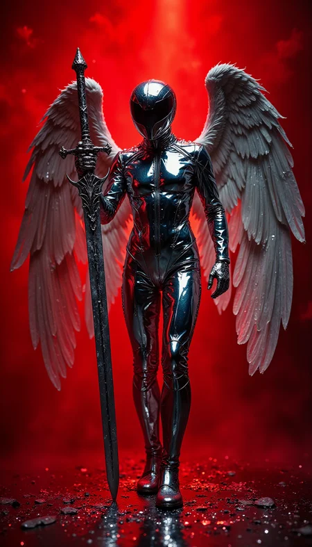 secretlab, hyper realistic high definition photography image of a angel we aring a chrome suit, the suit looks futuristic lights up and studd ed with silver crystals ,shining silver wings, long silver glistenin g gothic looking sword stuck in the ground " in striking style, ta il and thin , longleg, immersed in some kind of fantasy, red background, very low light, each detail in high definition ,full bo dy shot, upward view ,uhd
