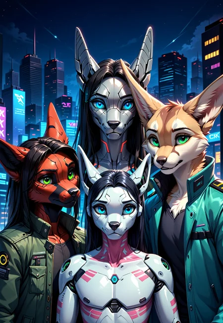 score_9, score_8_up, score_7_up, score_6_up, photorealistic, epiCPhotoGasm-colorfulPhoto, Realistic, highres, super high resolution, 8k, photo, furry, Furry, anthro, fur, male, fennec, brown fur, implanted eyes, robot face, robot face, he has gold plate on the head, implanted forehead, blue glowing eyes, metal head, gold forehead, metal eyes, sad, long black hair gathered in a long ponytail, black hair, metallic head, metal face, he has implanted face, close-up, long dark green thick coat, green coat, black leather shirt, black tight pants, long black hair, implants, implant eye, robot, furry, cyberpunk, night, cyber city, cyberpunk city, metallic eyes, metallic fur, robot, thin body, night, city, cyberpunk city, cyberpunk, realistic, detailed, detailed fur,