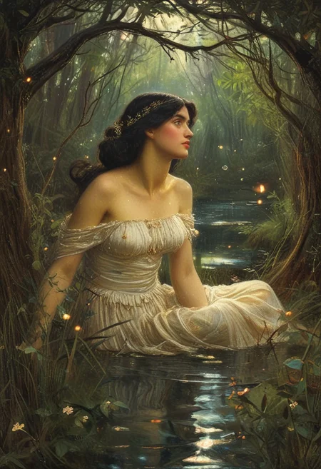 John William Waterhouse Style page, cinematic film still , beautiful sunlit,weak lights and shadows, preraph, beautiful woman, black hair, glowing goddess in the pool,natural elements in forest theme. Mysterious forest,beautiful forest,nature,surrounded by flowers,delicate leaves and branches surrounded by fireflies (natural elements),(jungle theme),(white glow leaves),(glow red branches),(white fireflies),(golden particle effects),approaching perfection,dynamic,highly detailed,smooth,sharp focus,art by Carne Griffiths and Wadim Kashin,trending on artstation,sharp focus,intricate details,highly detailed,by greg rutkowski,mysterious,epic,cinematic,create a photo realistic image that the viewer has never envisioned before,the image should demonstrate extreme creativity,imaginative,bold,inspiring,original in subject,original in style,amazing composition,intricately detailed,absurdly complex,. shallow depth of field,vignette,highly detailed,high budget,bokeh,cinemascope,moody,epic,gorgeous,film grain,grainy,