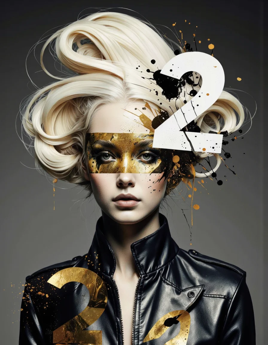 By Tom Nulens. A digitally manipulated photograph of a young woman with a striking, avant-garde style. The woman has platinum blonde hair styled into a voluminous, spiky updo with various splashes of black paint and gold splatters, creating a dramatic, almost abstract effect. Her face is partially obscured by the large, bold number "2" in a metallic gold color, which is overlaid on her forehead and hair, giving a futuristic and modern appearance.
She is dressed in a dark, metallic leather jacket with a high collar, adding to the edgy, futuristic aesthetic. The background is a gradient of dark gray tones, which helps to emphasize the gold splatters and the subject's face. The overall style is modern and artistic, blending elements of high fashion and digital manipulation. The texture of the woman's hair is smooth and glossy, contrasting with the rough, splattered paint.
The image is highly stylized, with a focus on bold, contrasting colors and textures, creating a visually striking and dynamic composition. The overall mood is modern and edgy, with a strong emphasis on fashion and artistic expression. <lora:Tom_Nulens:0.8045440673828125>