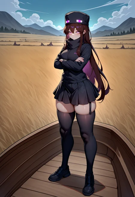 masterpiece, best quality, newest, absurdres, highres, 1girl, Enderman-chan, brown hair, purple eyes, glowing, glowing eyes, black jacket, high collar, enderman hat, black skirt, black thighhighs, garter straps, <lora:Enderman_illusXLNoobAI_Incrs_v1-000008:1>, on boat, boat, medium breasts, standing, savannah, bored, crossed arms, full body, boat on land, wide shot,